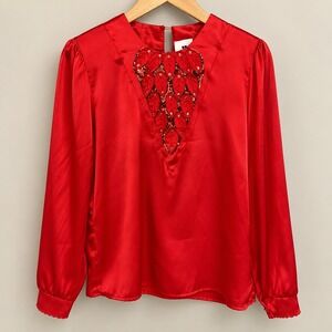 David Benjamin VTG Red Satin Sequin Leaf Applique Blouse Long Sleeve M Feminine